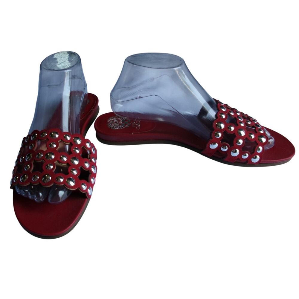 Vince Camuto Womens 10 Red Studded Slide Sandals Flat Leather Cutout